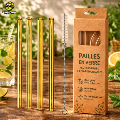Pailles en verre réutilisables or droites x4
