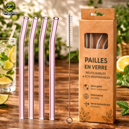 Pailles en verre réutilisables roses courbées x4