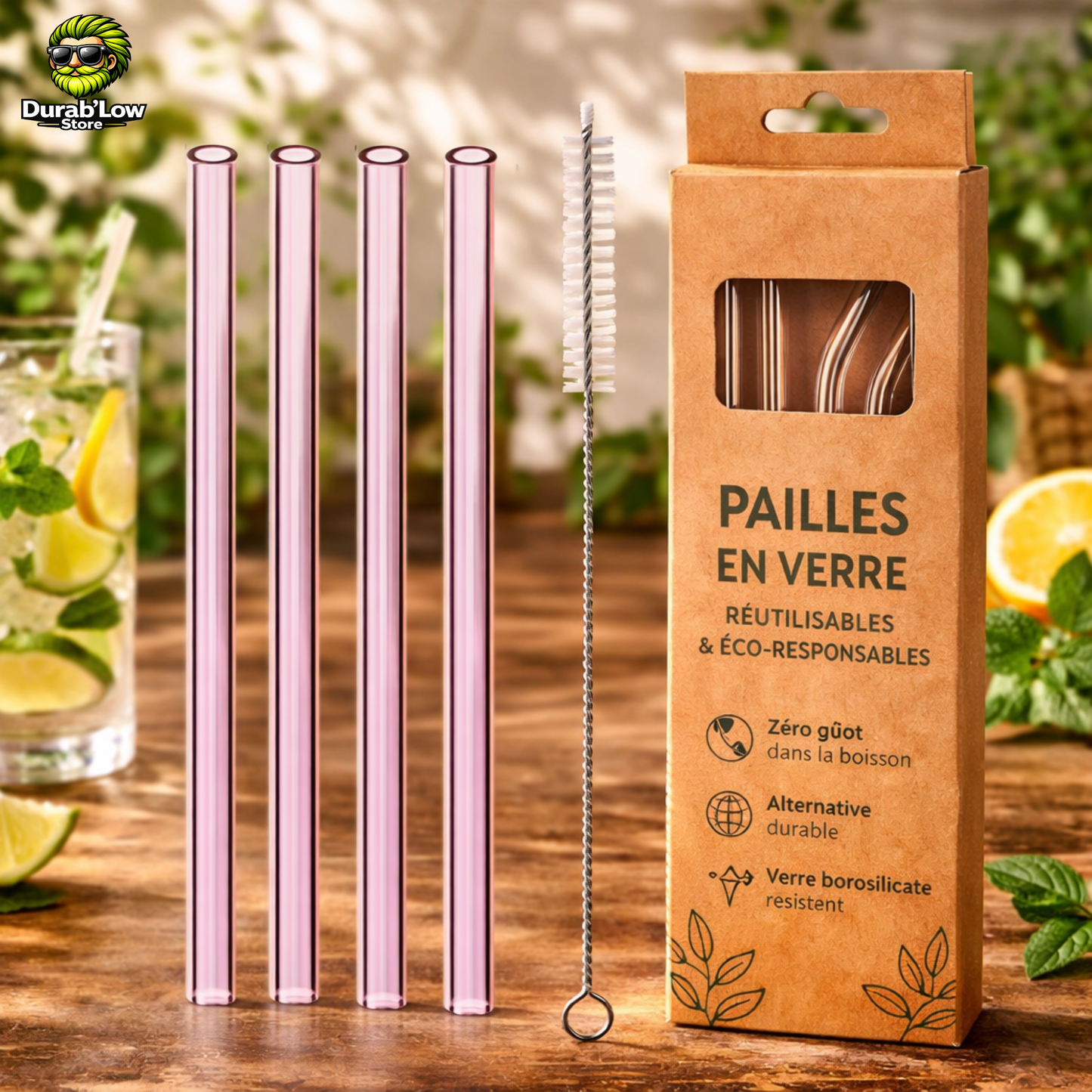 Pailles en verre réutilisables roses droites x4