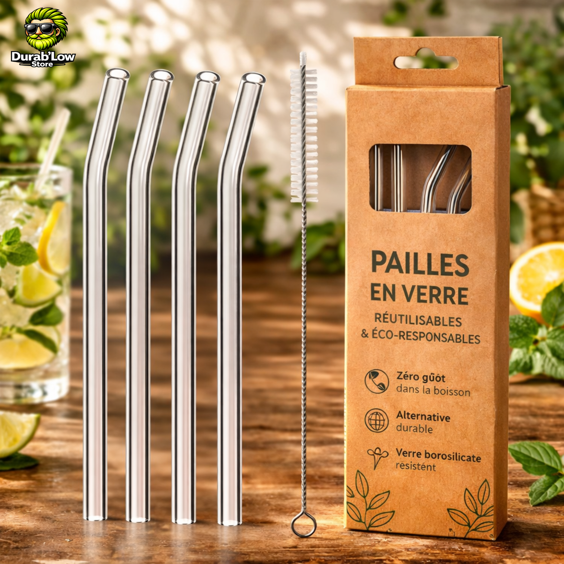 Pailles en verre réutilisables transparentes courbées x4