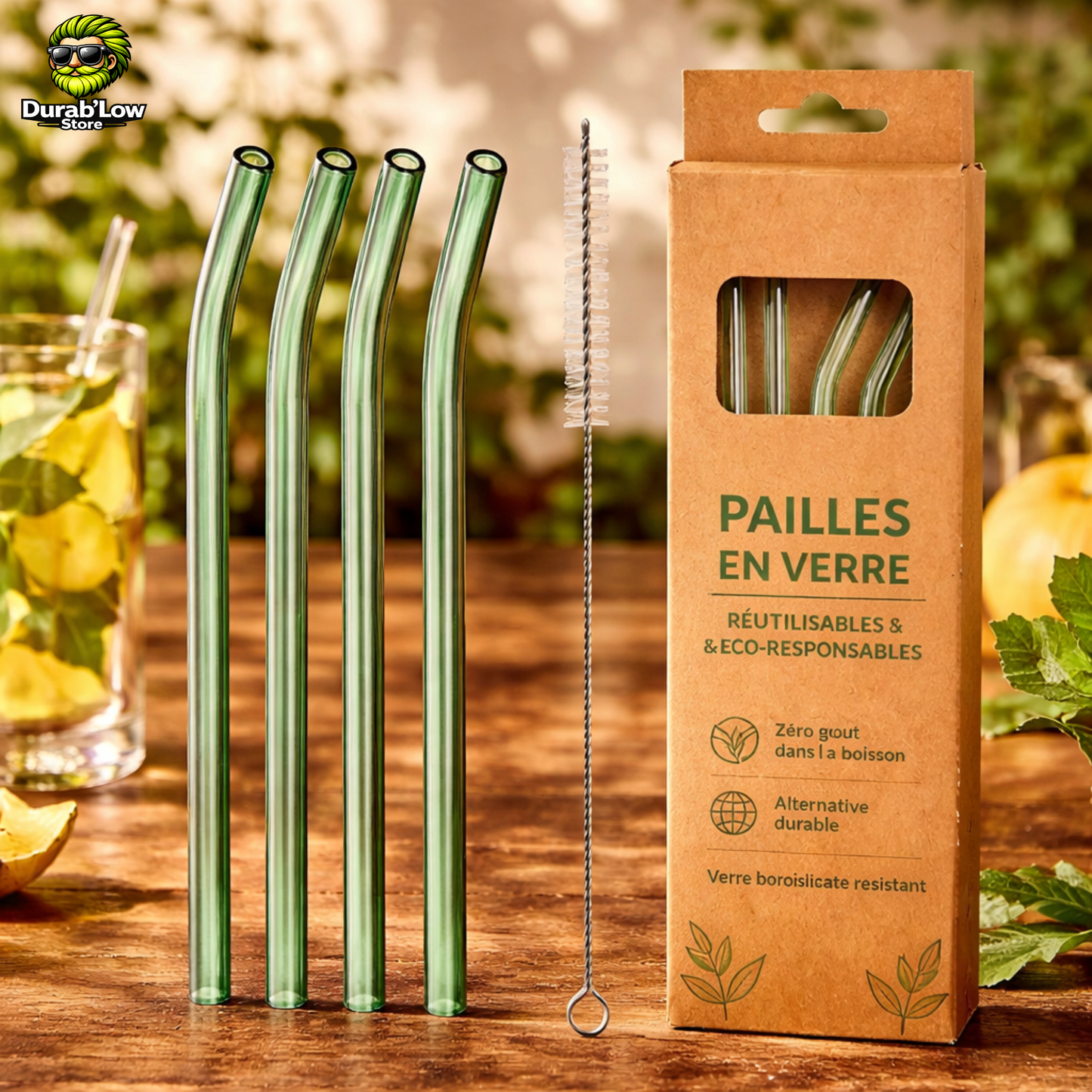 Pailles en verre réutilisables vertes courbées x4