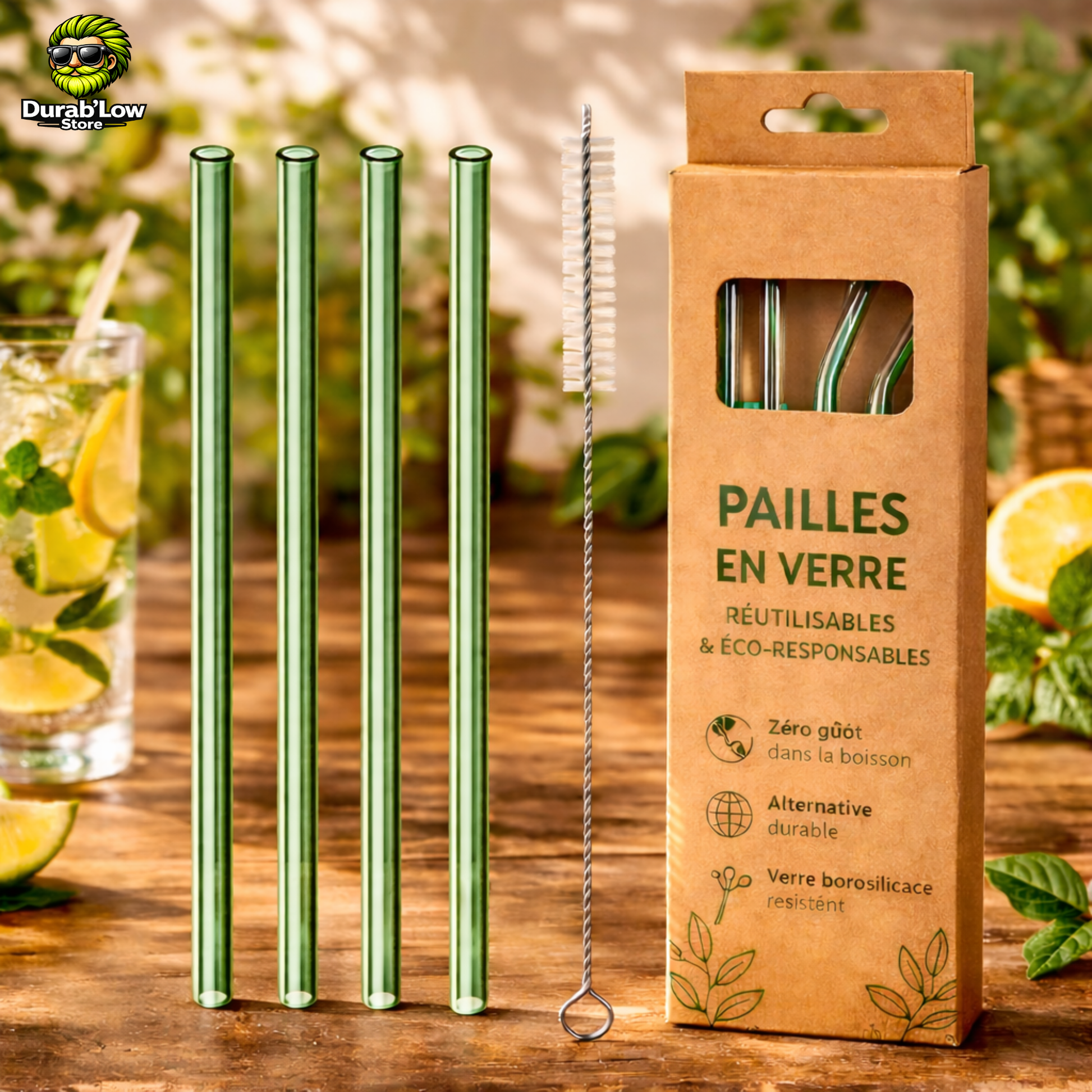 Pailles en verre réutilisables vertes droites x4