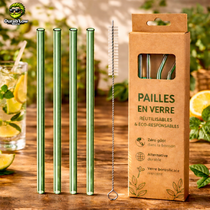 Pailles en verre réutilisables vertes droites x4