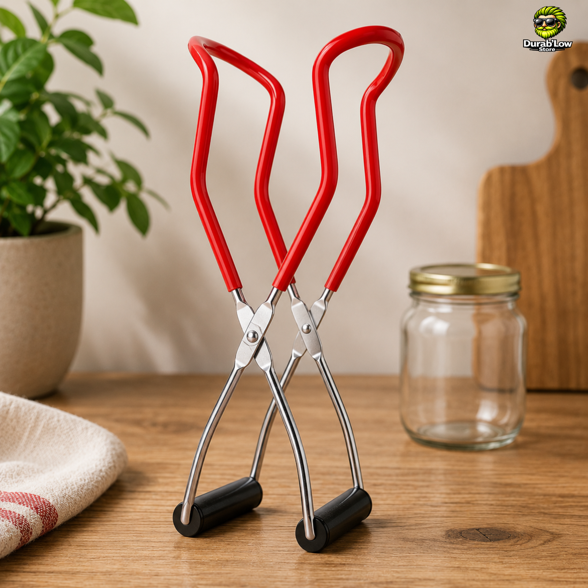Pince à bocaux rouge en inox. Installée debout sur un plan de travail de cuisine. 