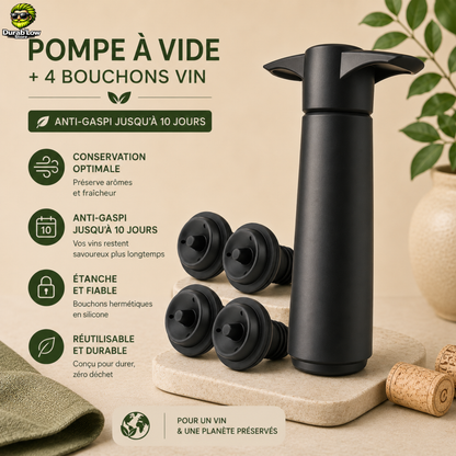 Pompe à vide et 4 bouchones sur un plan de travail. Avantages listés à gauche de l'image.