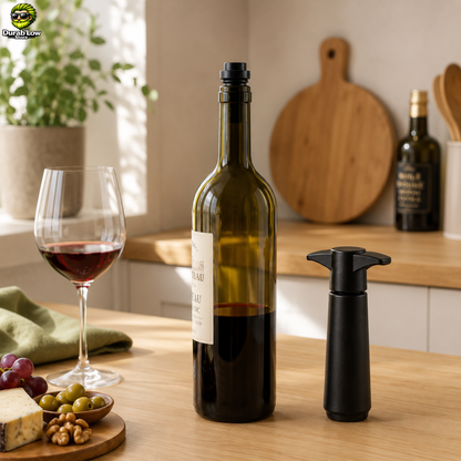 Ambiance cuisine moderne, un verre de vin, une bouteille et la pompe à vide sur un plan de travail en bois clair.