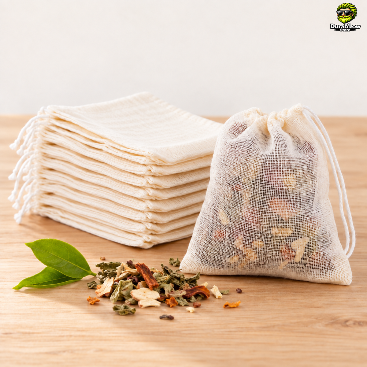 Lot de 10 sachets de thé réutilisables en coton écru, dont un rempli de thé en vrac, posé sur un plan de travail en bois clair.