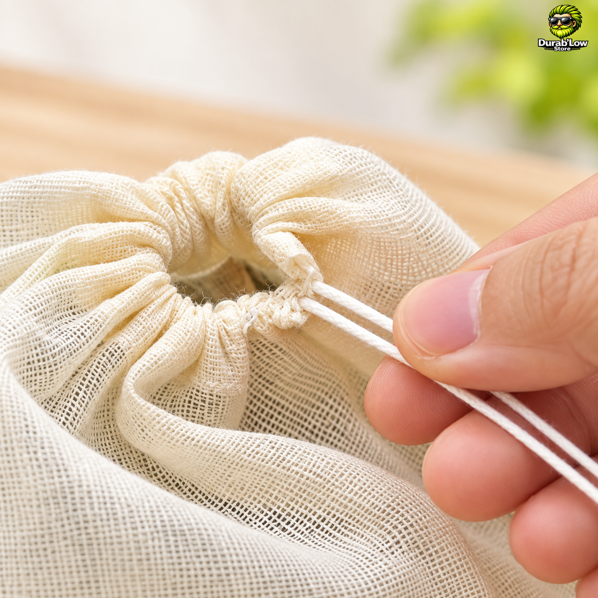 Gros plan sur une main qui tire les cordons blancs pour fermer un sachet de thé réutilisable en coton.