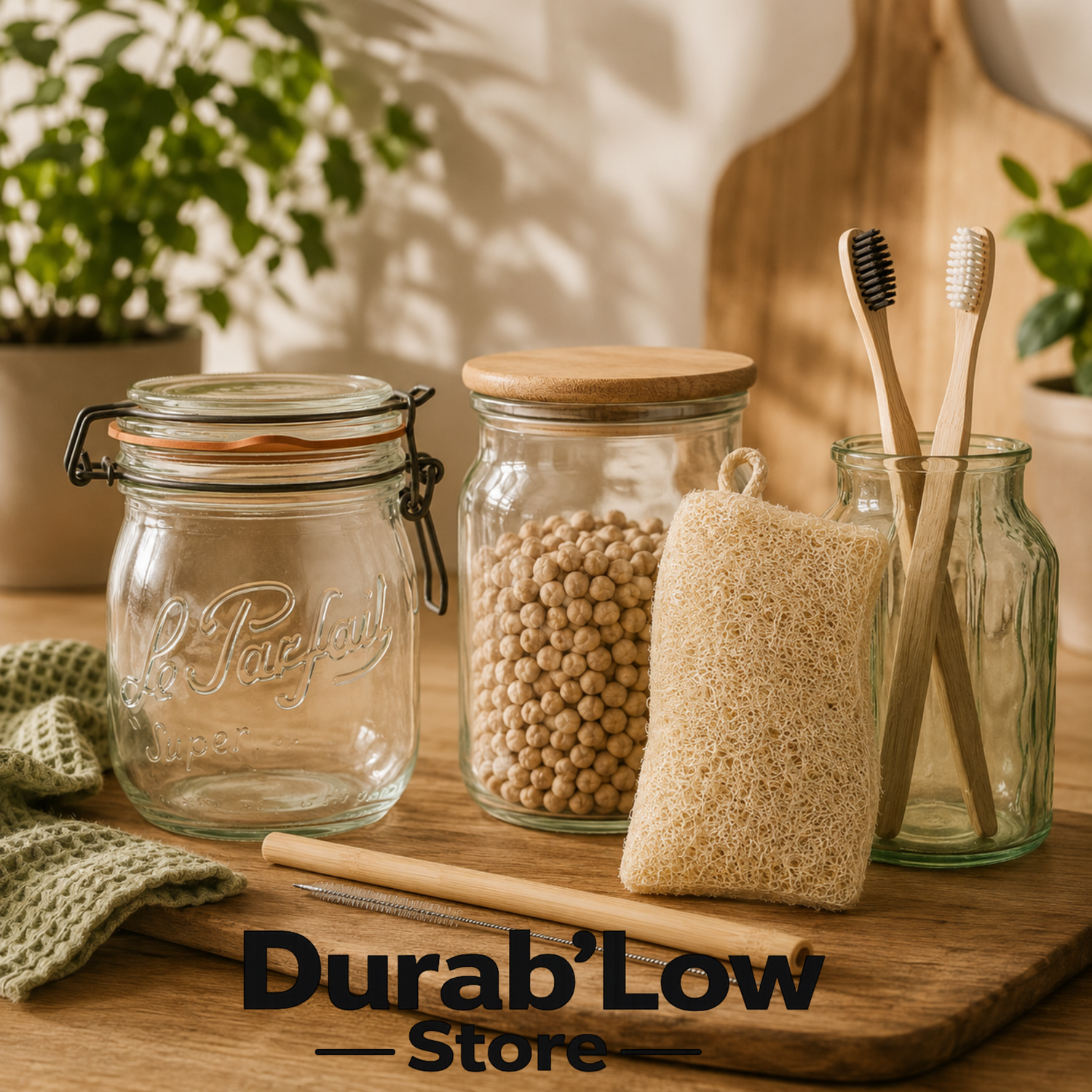 Un bocal Le Parfait, une éponge en loofa, des brosses à dents en bambou et une paille en bambou. Tous sont des produits peu transformés et biodégradables.