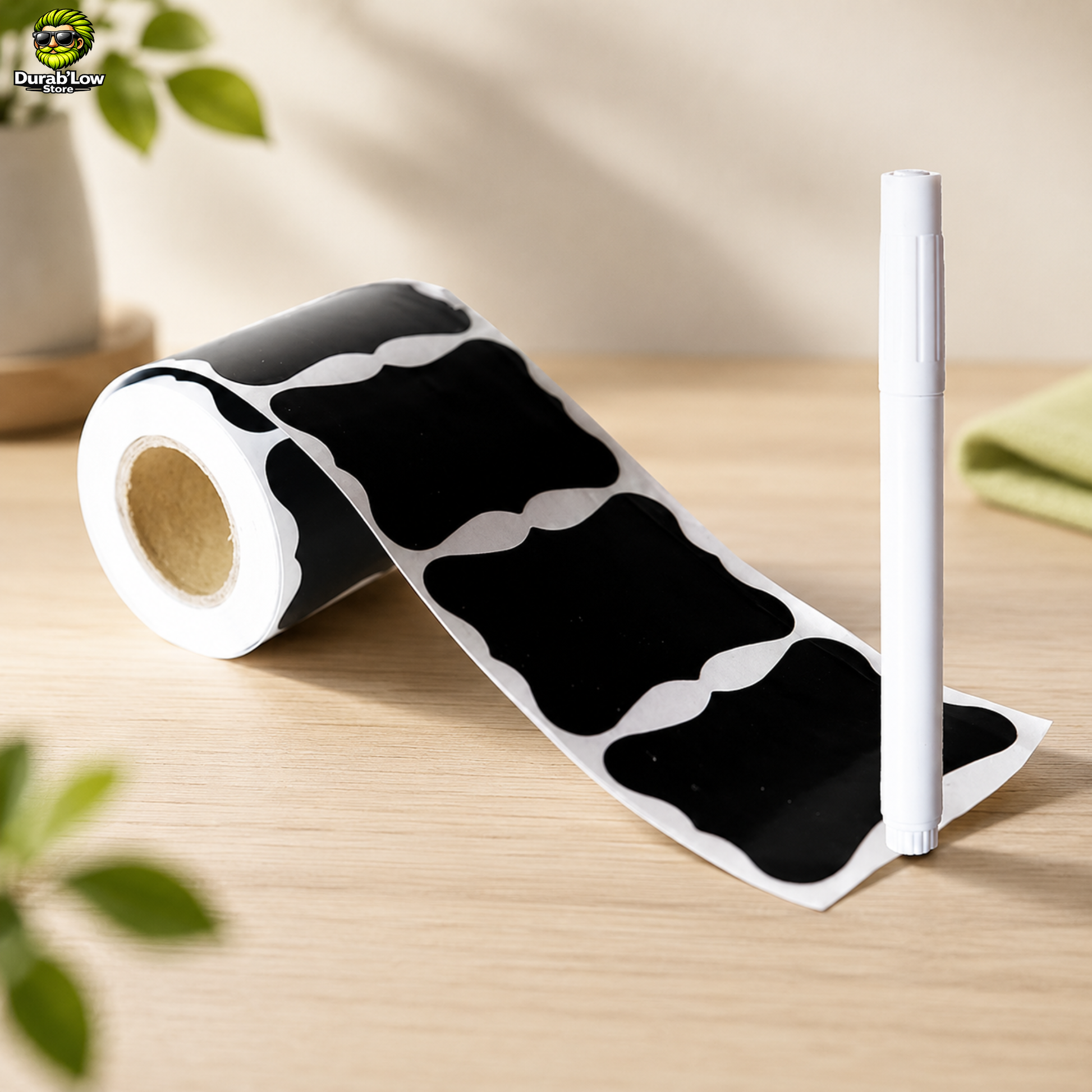 Rouleaux d'étiquette et un marqueur craie effaçable. Dans un décor de cuisine chaleureux et végétalisé.