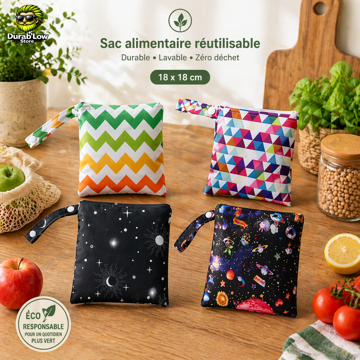 Sac alimentaire réutilisable étanche 18x18cm - alternative aux sacs plastique