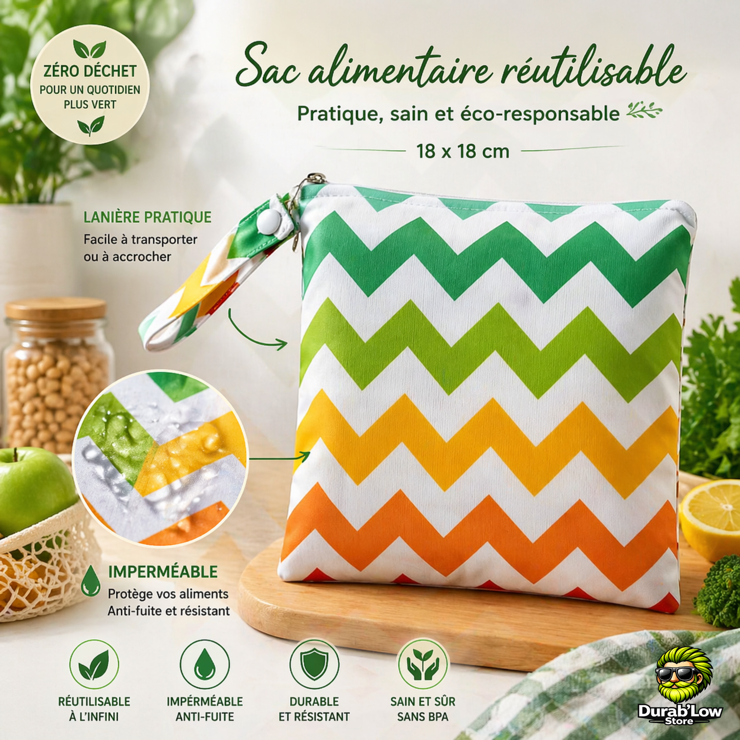 Sac alimentaire réutilisable 18x18cm motif rayures