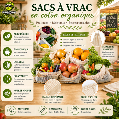 Sac filet fruits et légumes réutilisable 100% coton bio