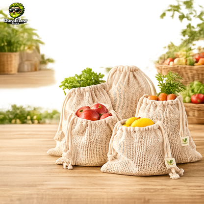 Lot de 5 sacs filets réutilisables pour fruits et légumes en coton bio