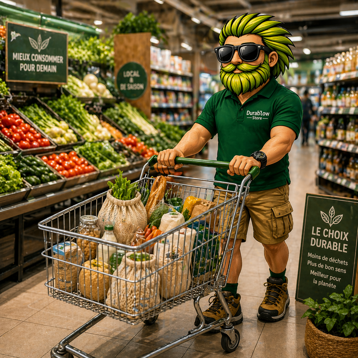 Sac filet coton bio pour fruits et légumes en supermarché