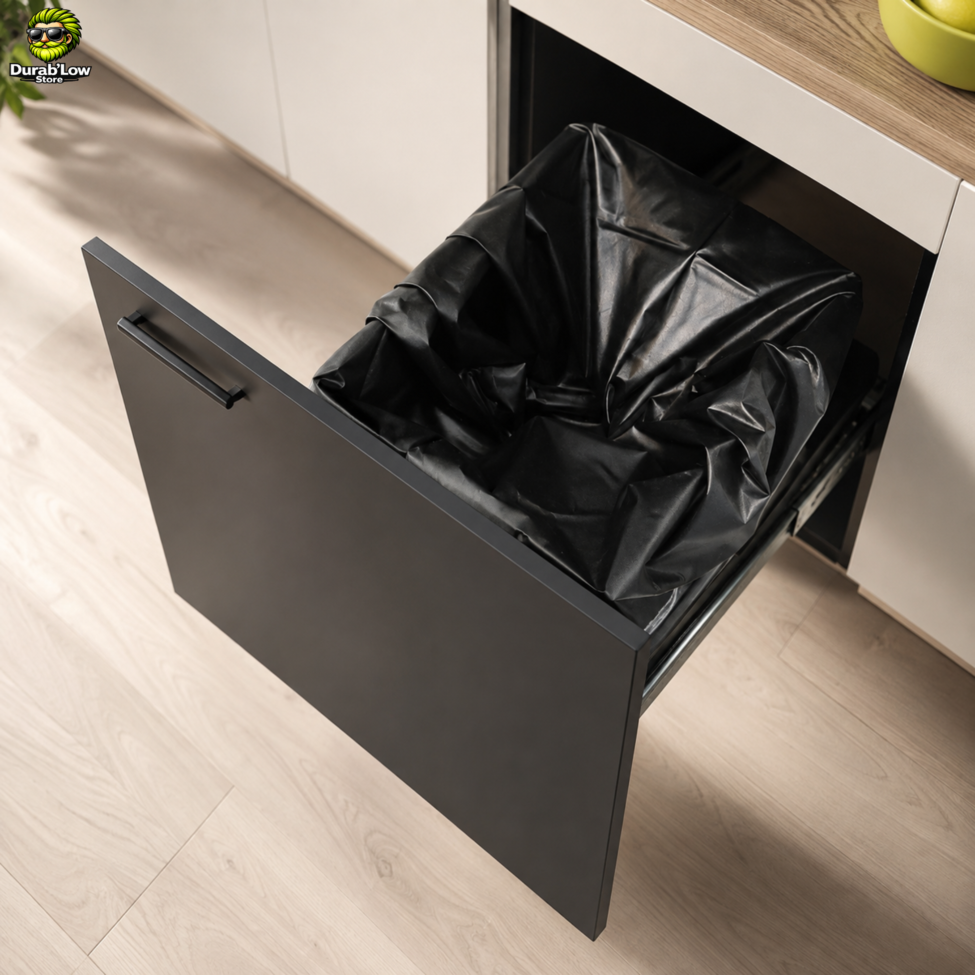 Sac poubelle réutilisable installé dans une poubelle tiroir.