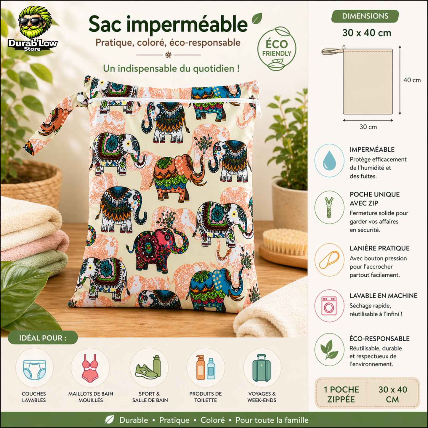 Sac alimentaire réutilisable 30x40cm motif éléphant