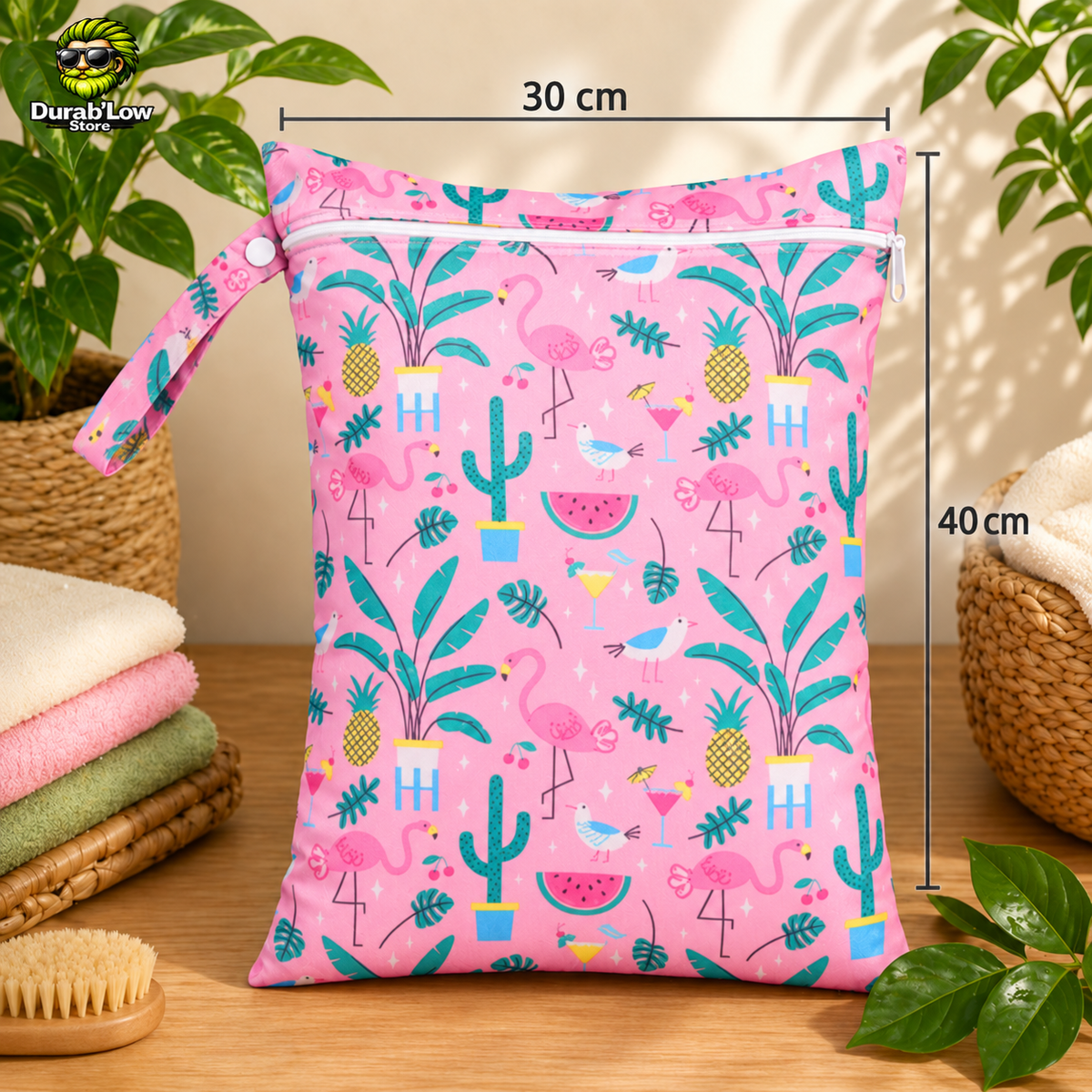 Sac alimentaire réutilisable 30x40cm motif flamant rose, pastèque, cactus & ananas