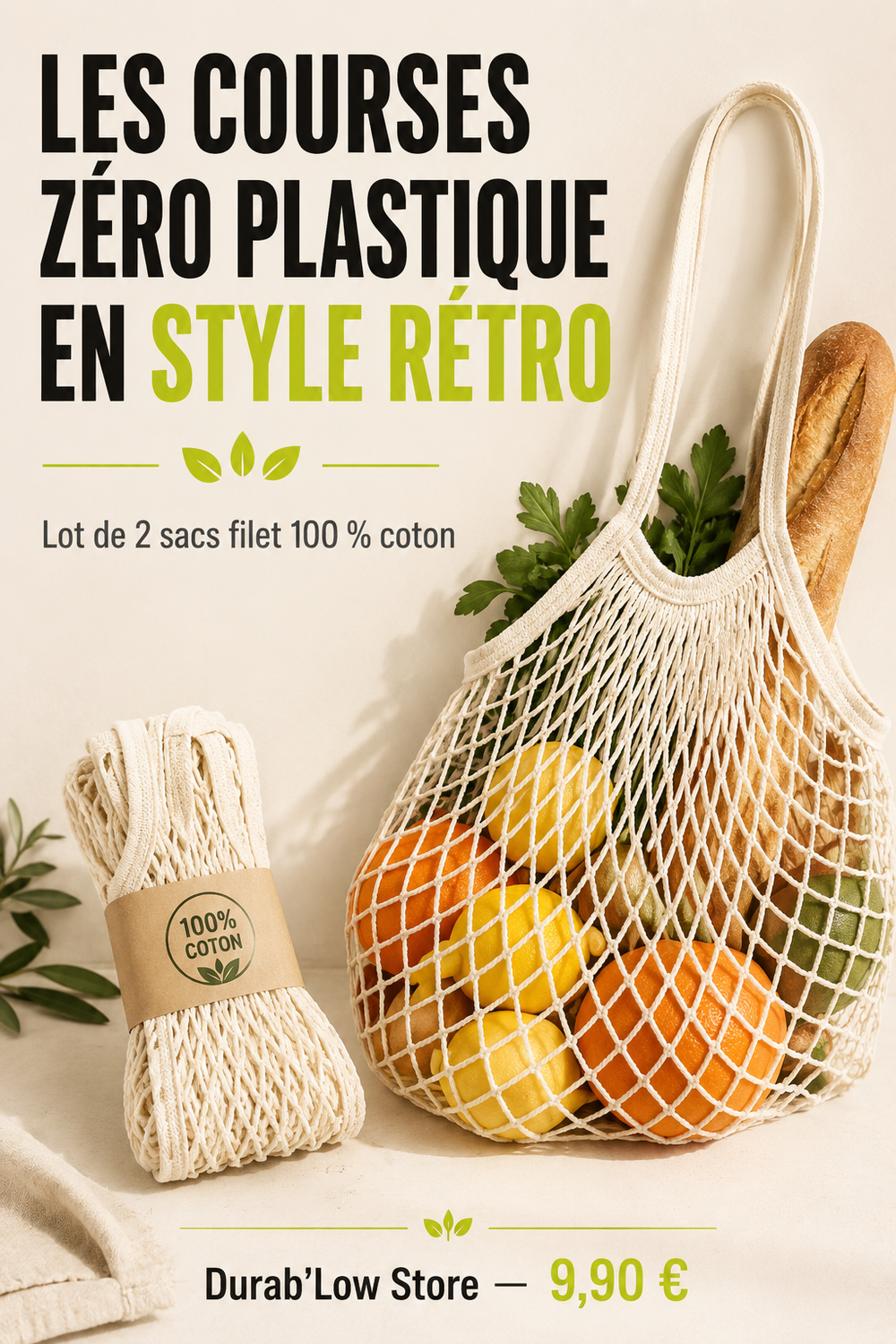 Un sac filet en coton rempli de fruits et légumes frais.
