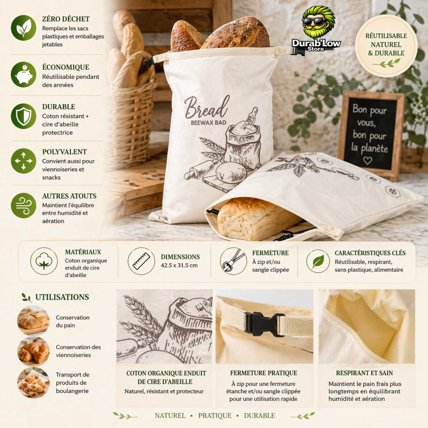 Caractéristiques sac conservation pain coton cire d'abeille