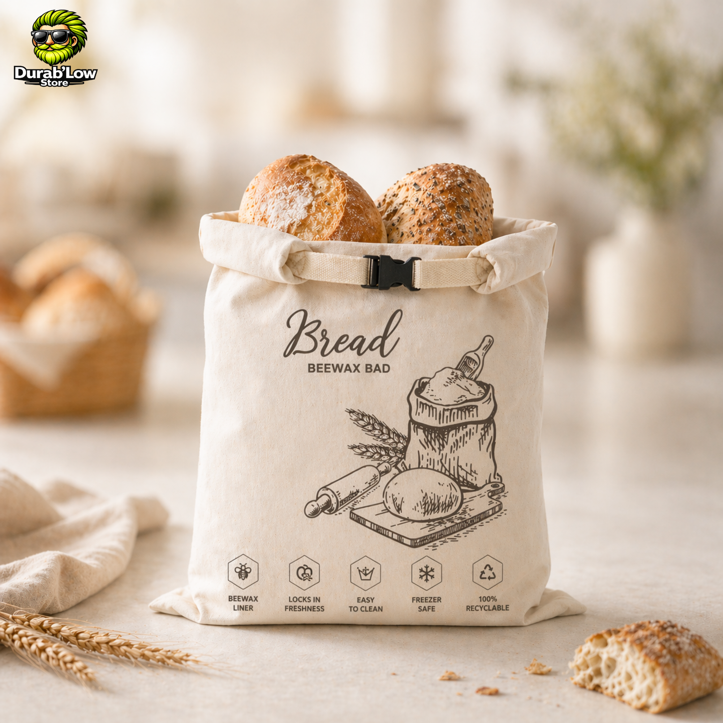 Sac conservation pain coton enduit cire d'abeille coloris ivoire
