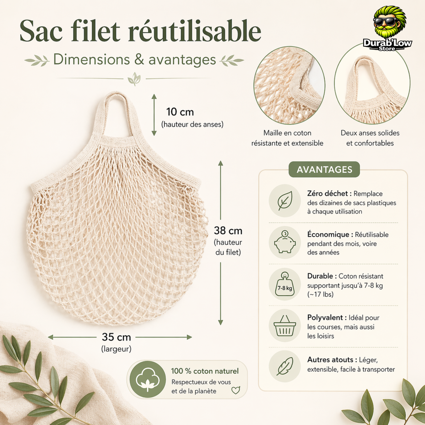 Dimensions sac filet épicerie réutilisable en coton