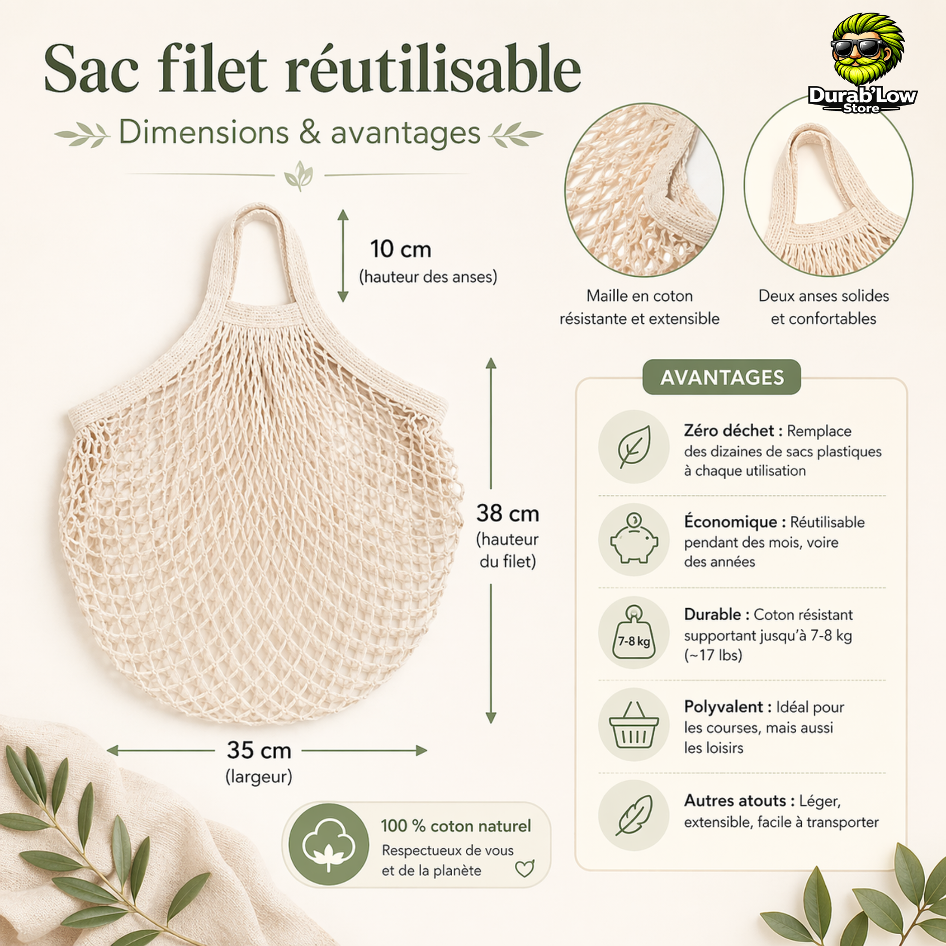 Dimensions sac filet épicerie réutilisable en coton