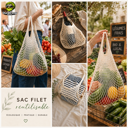 Sac filet épicerie réutilisable 100% coton - lot de 2