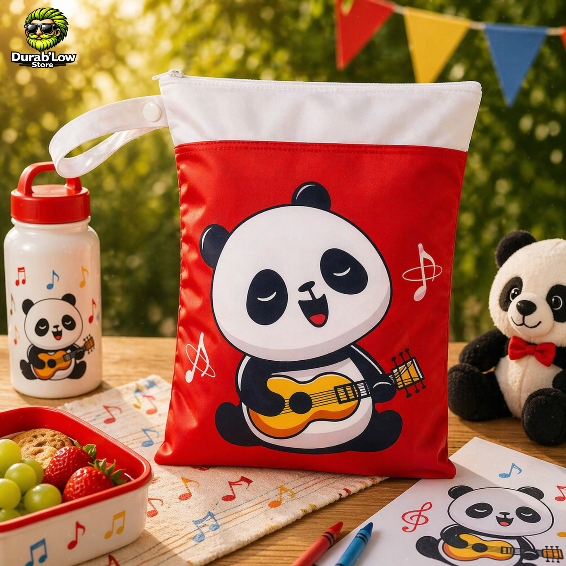 Sac goûter réutilisable enfant motif panda musicien