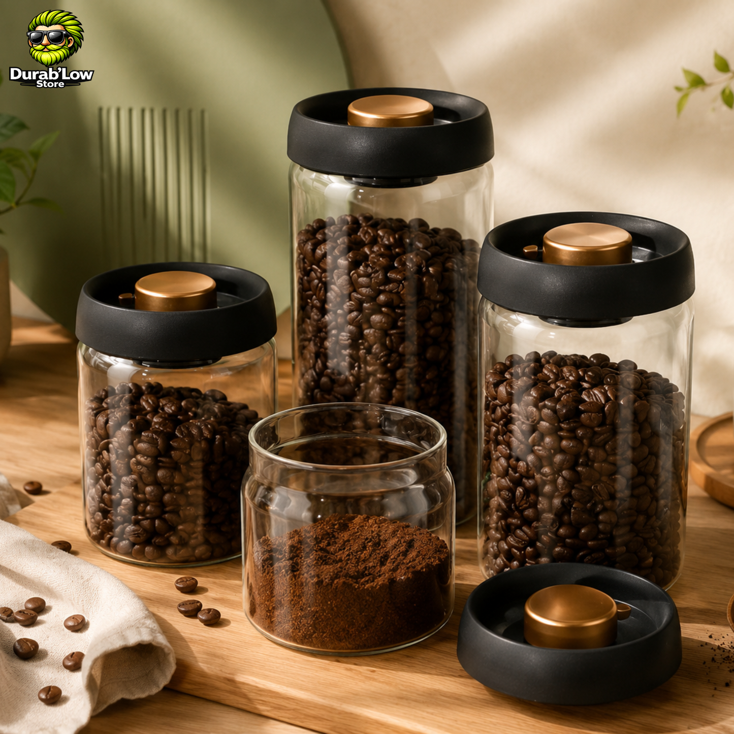 4 Bocaux en verre avec bouchon muni d'une pompe pour faire le vide d'air. Les bocaux contiennent du café en grain ou moulu. 