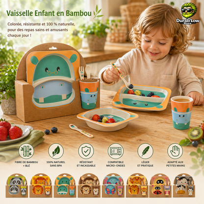 Set vaisselle enfant en bambou 5 pièces - assiette, bol, tasse, couverts