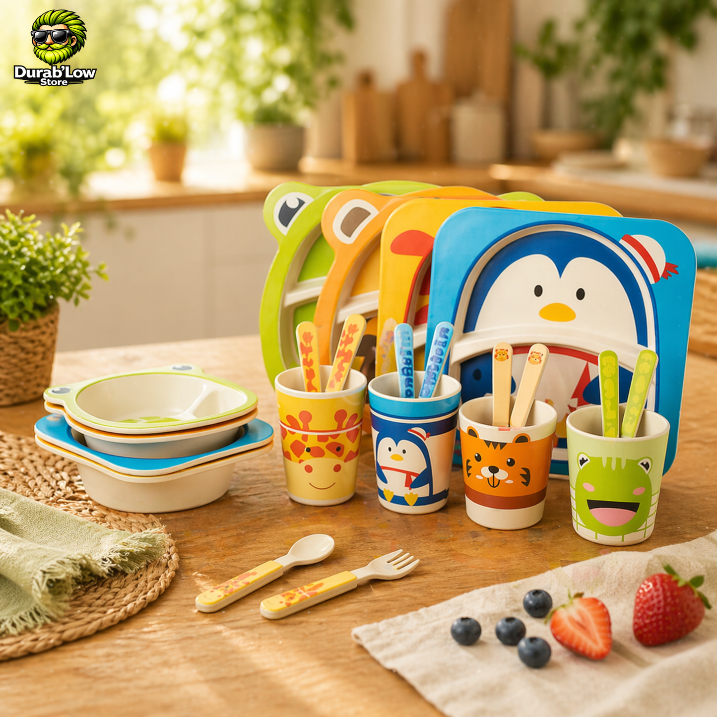 Set vaisselle enfant bambou 5 pièces disposé sur une table