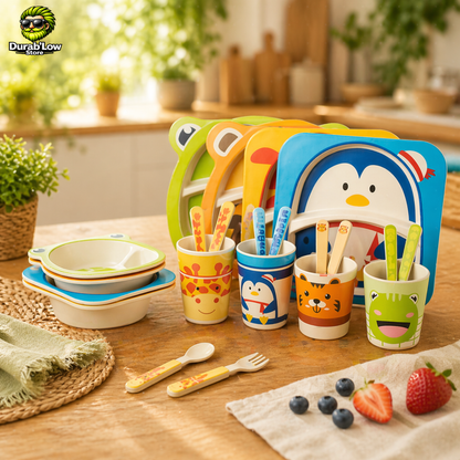 Set vaisselle enfant bambou 5 pièces disposé sur une table