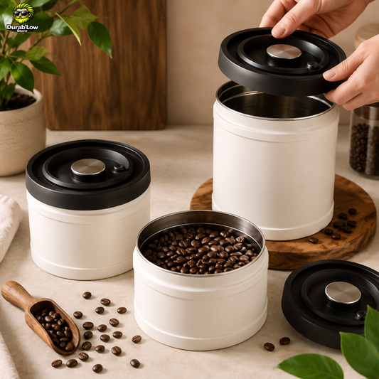 3 Bocaux en inox avec couvercle comprenant une pompe pour faire le vide d'air. Des grains de café sont dans l'un des bocaux.