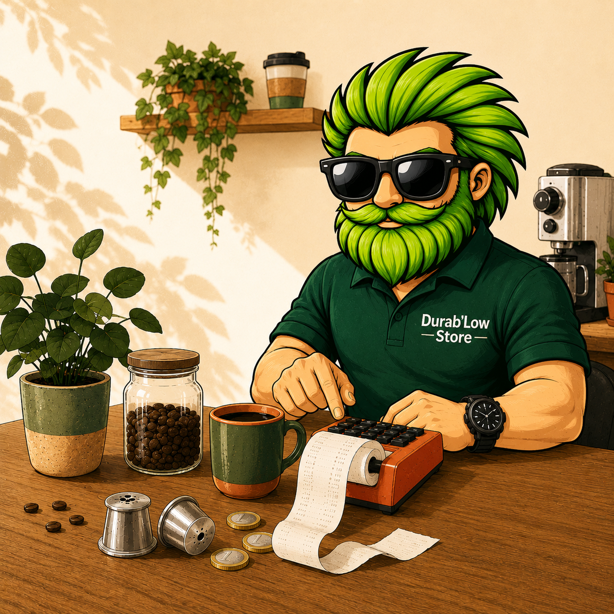 Illustration chaleureuse de la mascotte Durab’Low Store calculant des économies liées au café zéro déchet, entourée de capsules réutilisables inox, grains de café, pièces en euros et plantes dans une ambiance naturelle et écoresponsable.