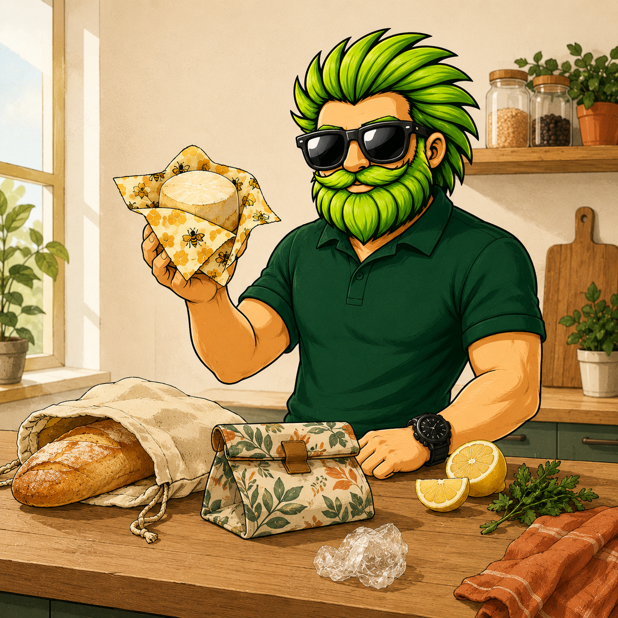 Illustration éditoriale de la mascotte Durab’Low Store dans une cuisine chaleureuse, présentant un bee wrap autour d’un fromage avec pain en sac réutilisable, emballage sandwich lavable, citron, herbes fraîches et boule de film plastique abandonnée sur le plan de travail.