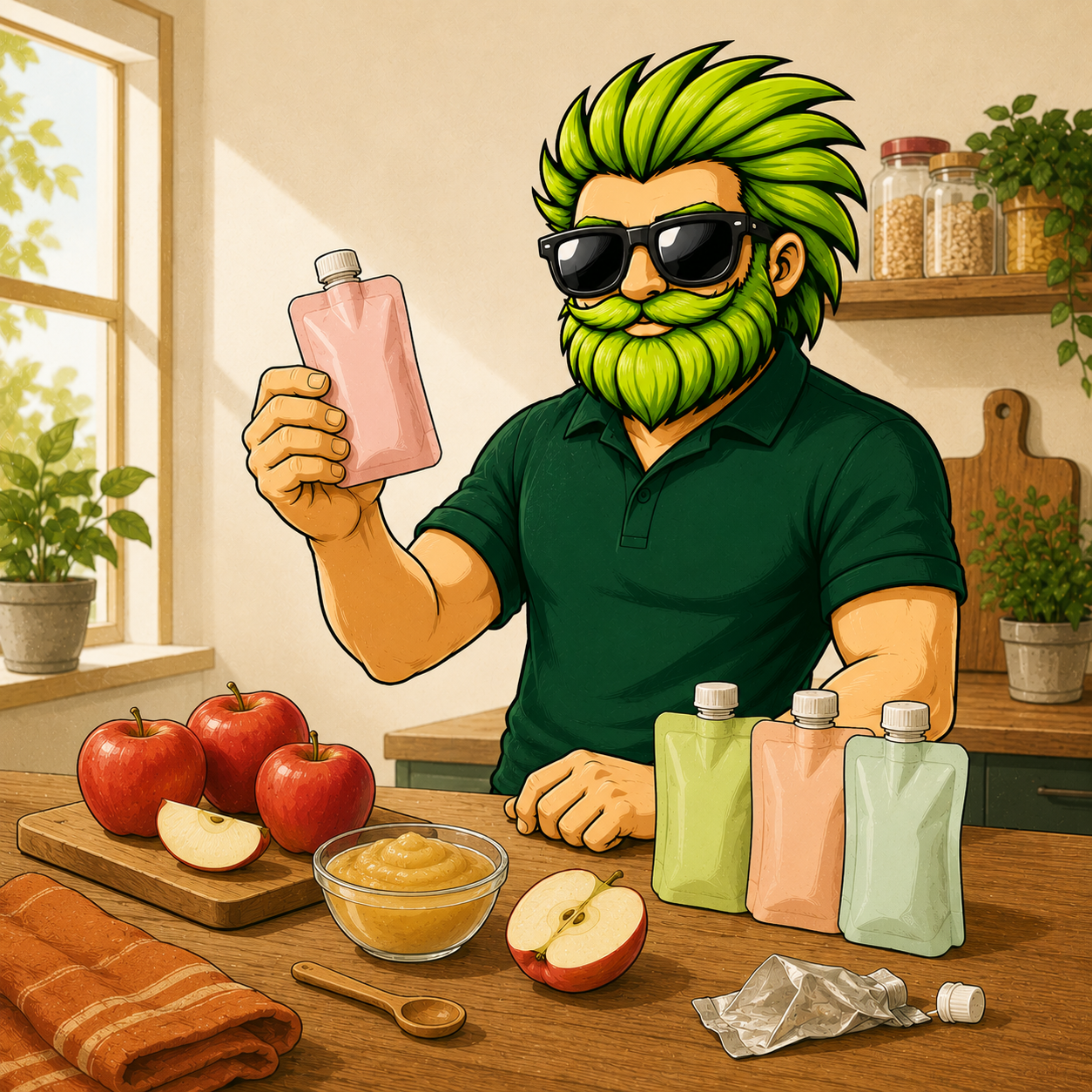 Illustration éditoriale de la mascotte Durab’Low Store dans une cuisine lumineuse présentant des gourdes alimentaires réutilisables pour compote, entourée de pommes fraîches, compote maison et accessoires zéro déchet dans une ambiance chaleureuse et familiale.
