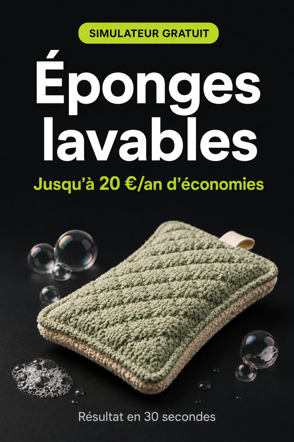 Image d'une éponge lavable en coton. De la mousse et des bulles de liquide vaisselle entourent l'éponge.