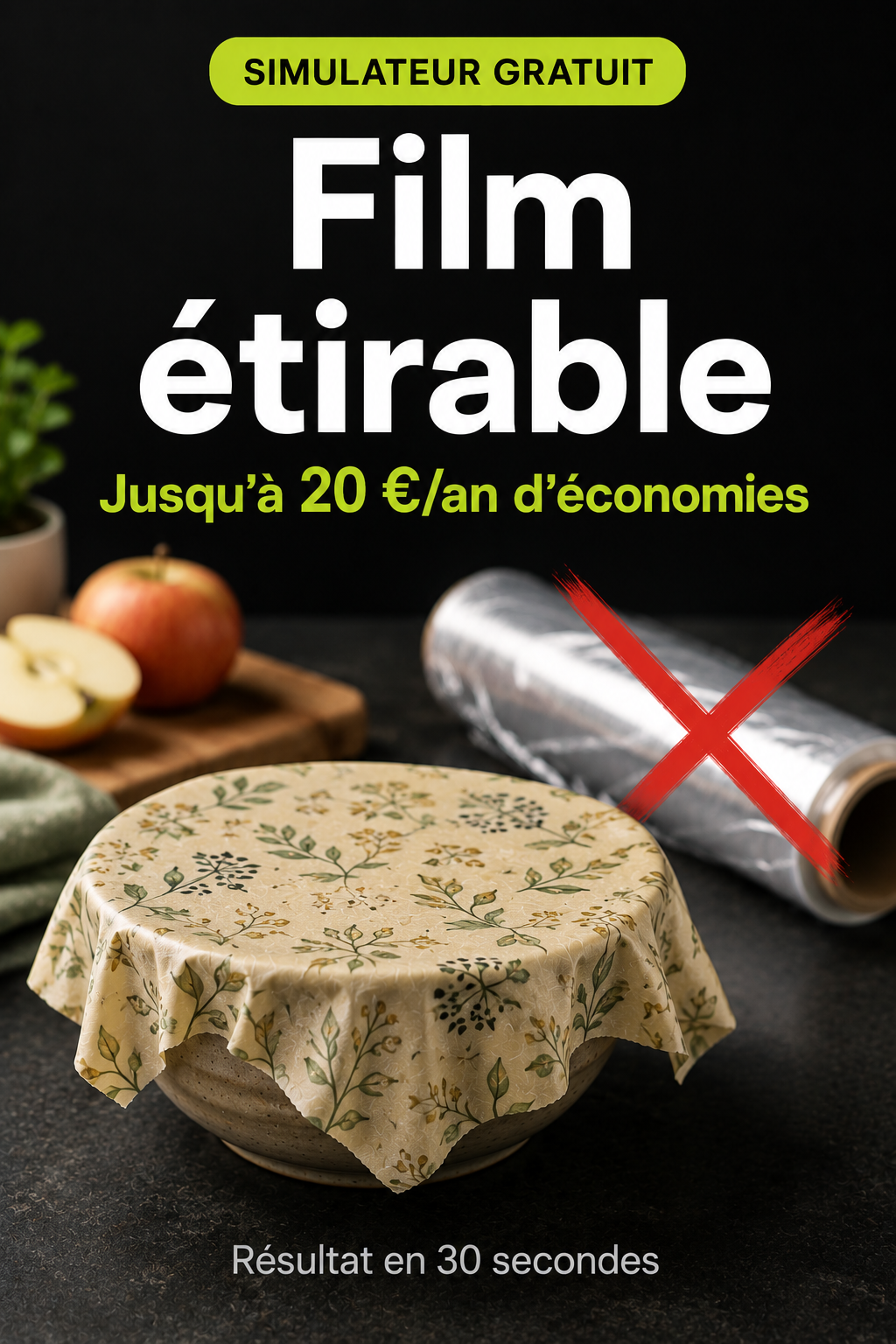 Un beewrap recouvre un saladier, un rouleau de film étirable en arrière-plan est barré d'une croix rouge. 