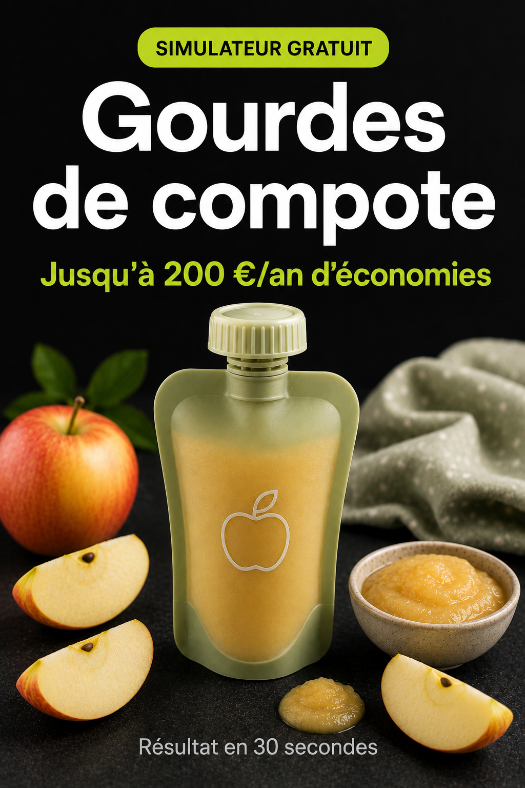 Une gourde à compote réutilisable en silicone, de la compote et des pommes découpées l'entourent.