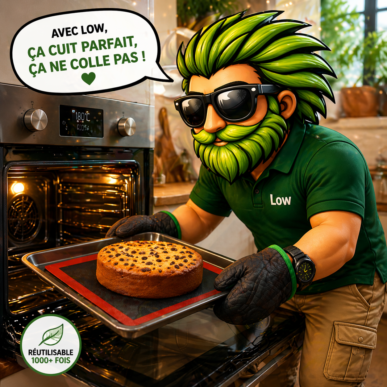 Low en situation qui enfourne un gateau à l'aide du tapis de cuisson réutilisable