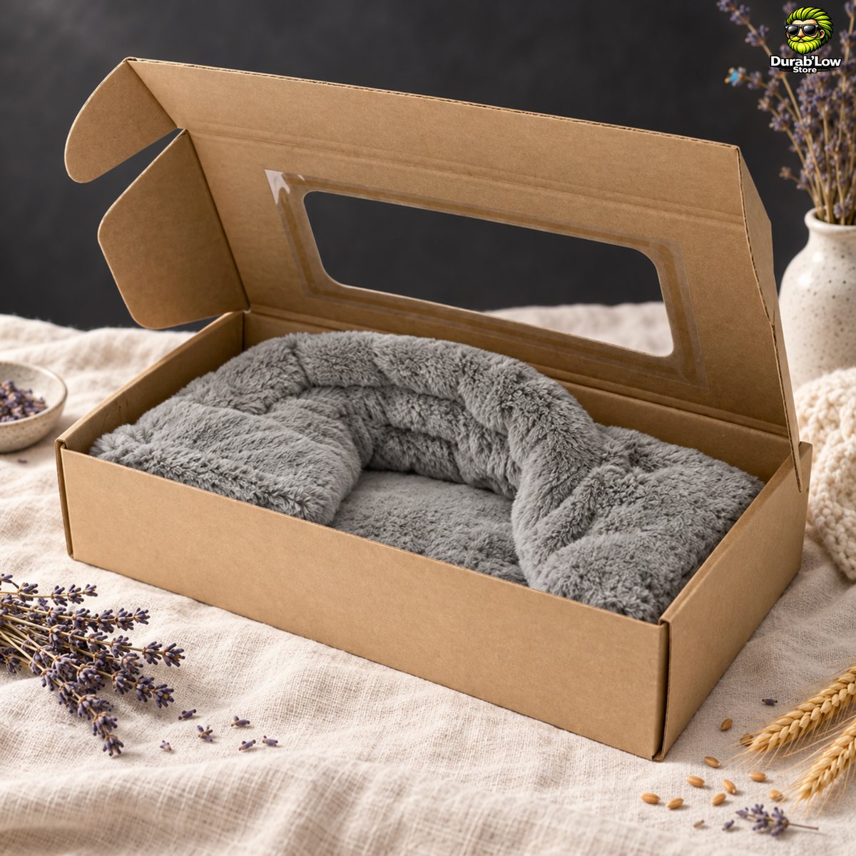 Bouillotte tour de cou dans son coffret. Ambiance lavande et grains de blé.