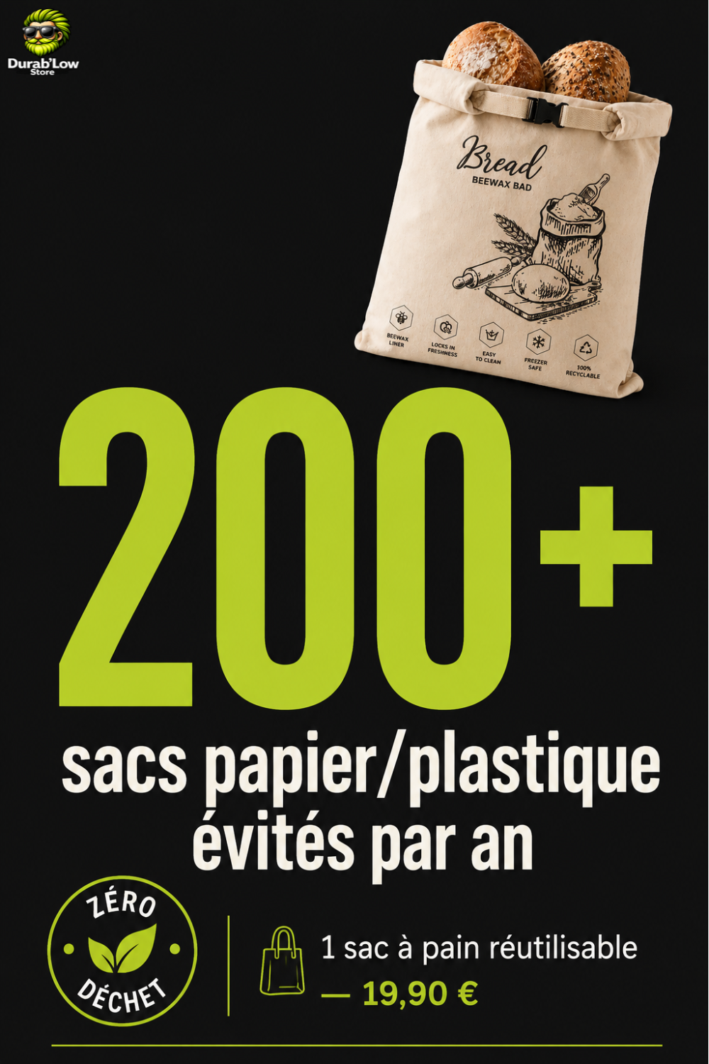 Un sac à pain en coton et cire d'abeille avec 2 pains frais à l'intérieur. 